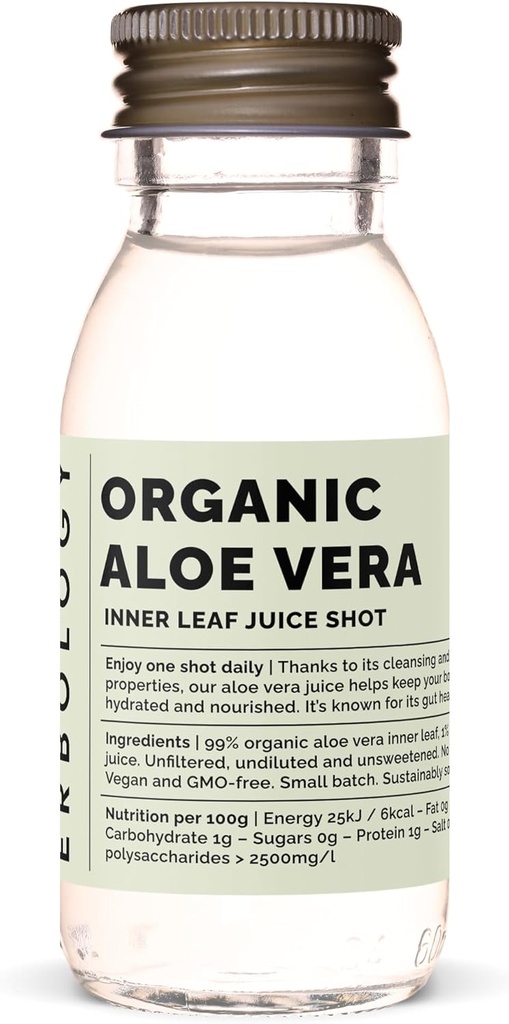Erbologi Organic Aloe Vera Juice 12 Daily Shots (2 fl oz) - Immunity Support och Detox - från Inre Leaf - Straight from Farm in Spain - Undiluted - No Added Sugar - Non-GMO - Recyclable Glass Bottle