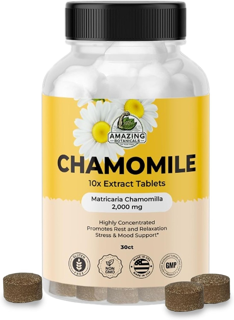 Fantastiska botaniska organiska kamomill extrakt tabletter - Matricaria Chamomilla Plant-Based Supplement - 10x extrakt 2000 MG Varje - främjar avkoppling - 30 tabletter