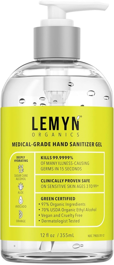 Medicinsk-Grade Hand Sanitizer Gel - 97% Organisk | 70% USP Ethyl Alkohol | Moisturizing Aloe + Hyaluronsyra | Freshly Made i USA | 12oz Flaska med pump