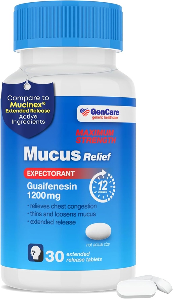 GenCare Mucus Relief 1200 mg Maximal styrka (30 greve) 1200 mg Guaifenesin Extended-Release tabletter - Expectorant for Chest Congestion Relief for Adults - Jämför med maximal styrka 12 timmar