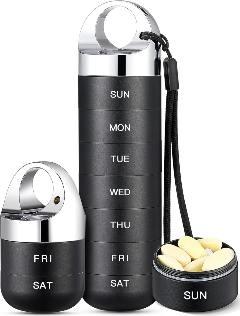 Zannaki Metal Travel Pill Organizer, Portable Waterproof Weekly Pill Box, Large Aluminum Alloy Pill Case Container, BPA Free 7 Day Daily Medicine Organizer Holder för vitamin, fiskolja, tillägg