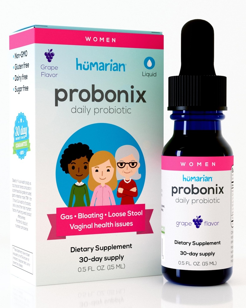 Probonix Humarian Liquid Probiotics for Women - 12-Strain Probiotic Drops to Fortify Women's Gut Health, Vaginal Health, Immunity and Overall Wellness - 30-Day Supply - Delicious Grape Flavor