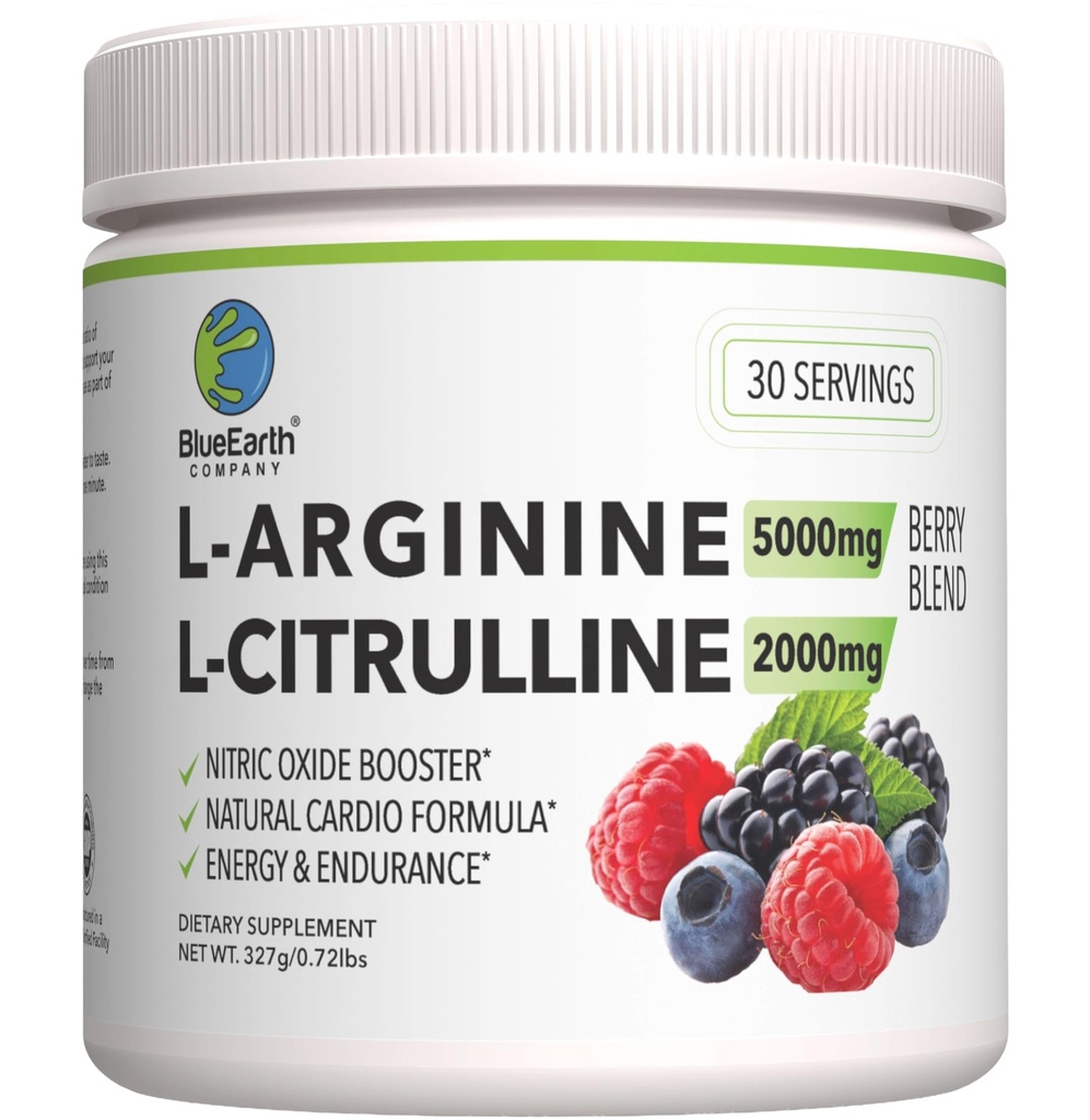 L-arginin 5000mg + L-Citrulline 2000mg Komplexpulver Supplement - Nitric Oxide Booster - Hjärthälsa, blodflöde, energi och uthållighet - 30 portioner (Berry Blend)