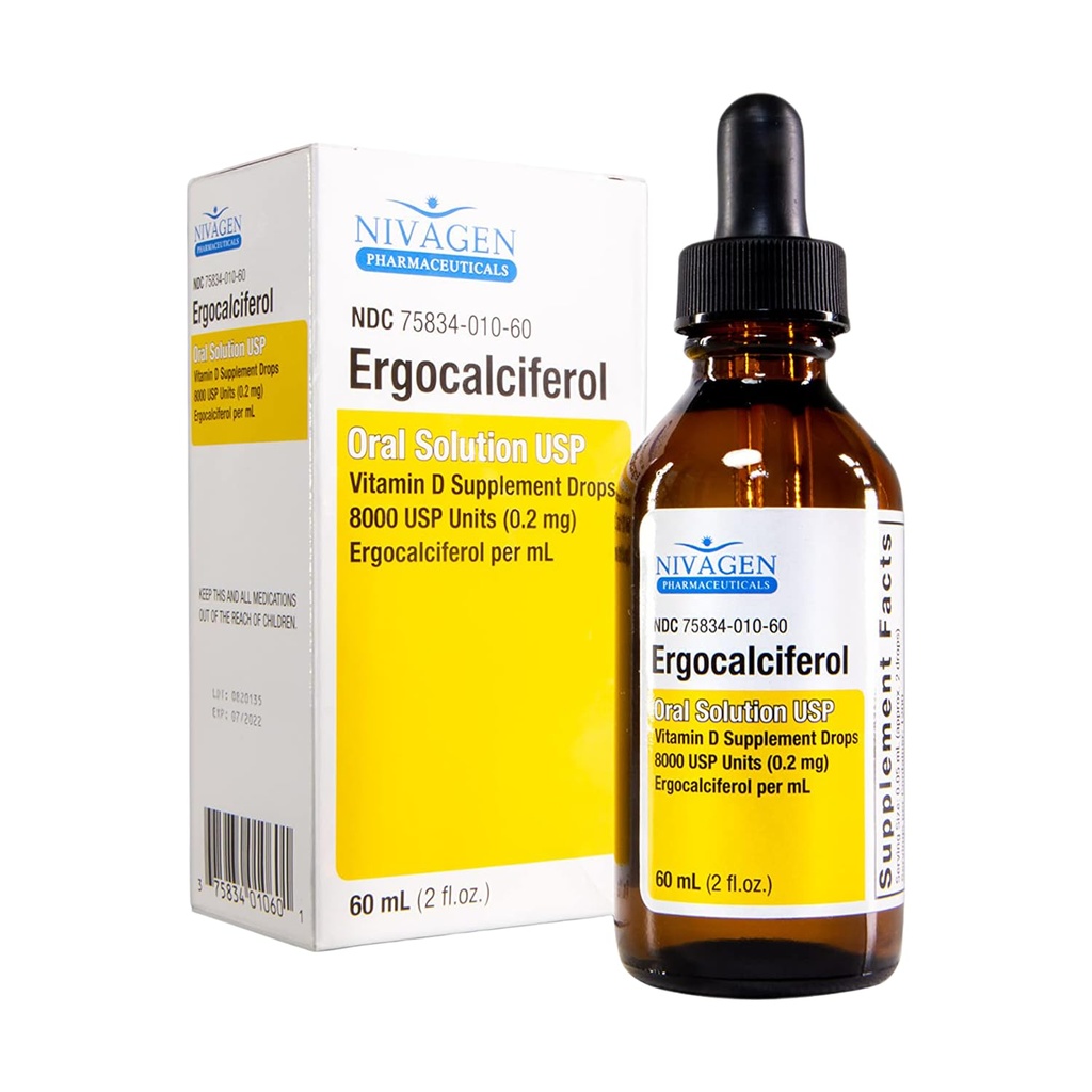Nivagen Vitamin D2 flytande droppar 8 000 USP (Ergocalciferol) | 400 IE per portion | 2 droppar en gång dagligen | 1 200 portioner, 60 ml (2 ml oz) | Snabbare Absorption | Ben, Muscle & Immune Support | Made in USA
