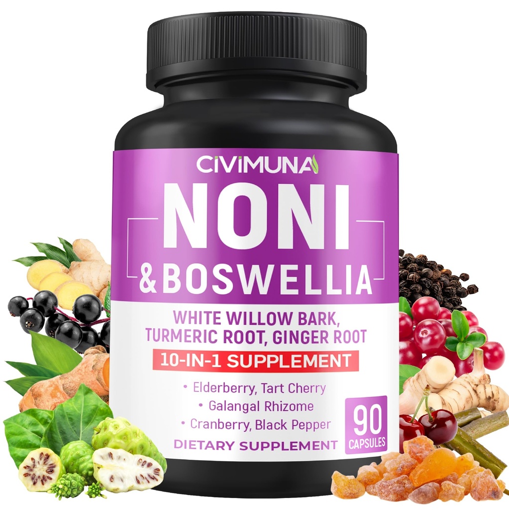 Noni kapslar med Boswellia, White Willow Bark, gurkmeja, Ginger Root och mer - 90 kapslar för 3 månaders leverans
