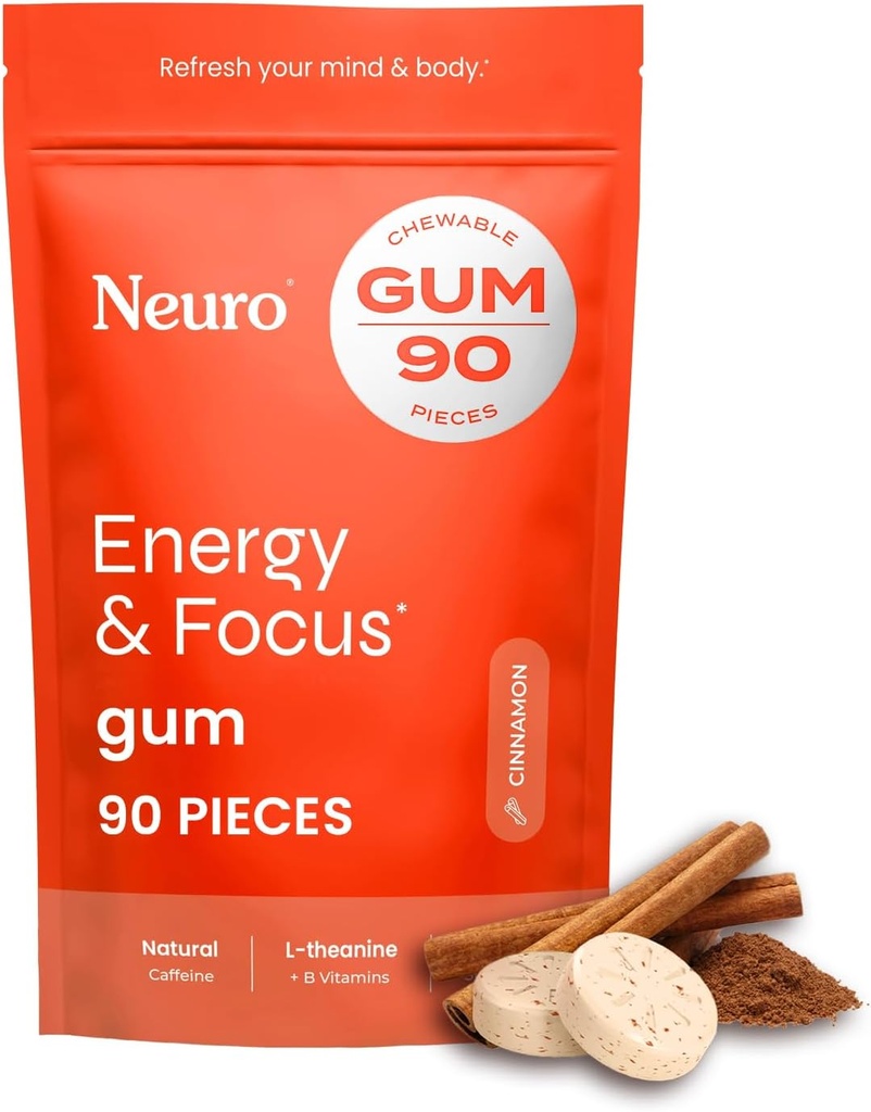 NeuroGum Energy & Focus Gum (Cinnamon, 90 Pieces) | 40mg Natural Caffeine + L-Theanine + Vitamin B12 & B6 + Xylitol | Sugar Free Nootropic Cognitive Brain Performance Supplement