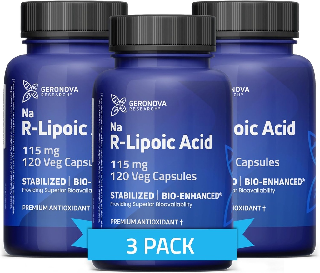 Geronova Research Bio-Enhanced R-Lipoic Acid, 115 mg kapslar - 12 månaders leverans - Stabiliserad R Alpha Lipoic Acid med förbättrad absorption - R Lipoic Acid Supplement - 360 Count
