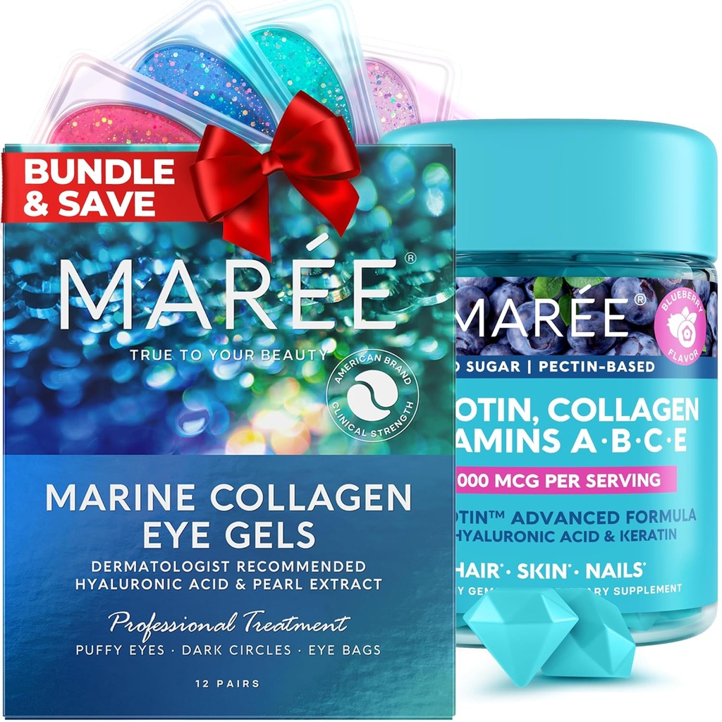 MAREE Beauty Bundle - Under Eye Gels & Biotin Gummies - Marine Collagen & Hyaluronic Acid, A B C E Vitamins Komplex med Keratin & Pantothenic Acid - De-puff Eyes & Dark Circles, Skin, Nails & Hair