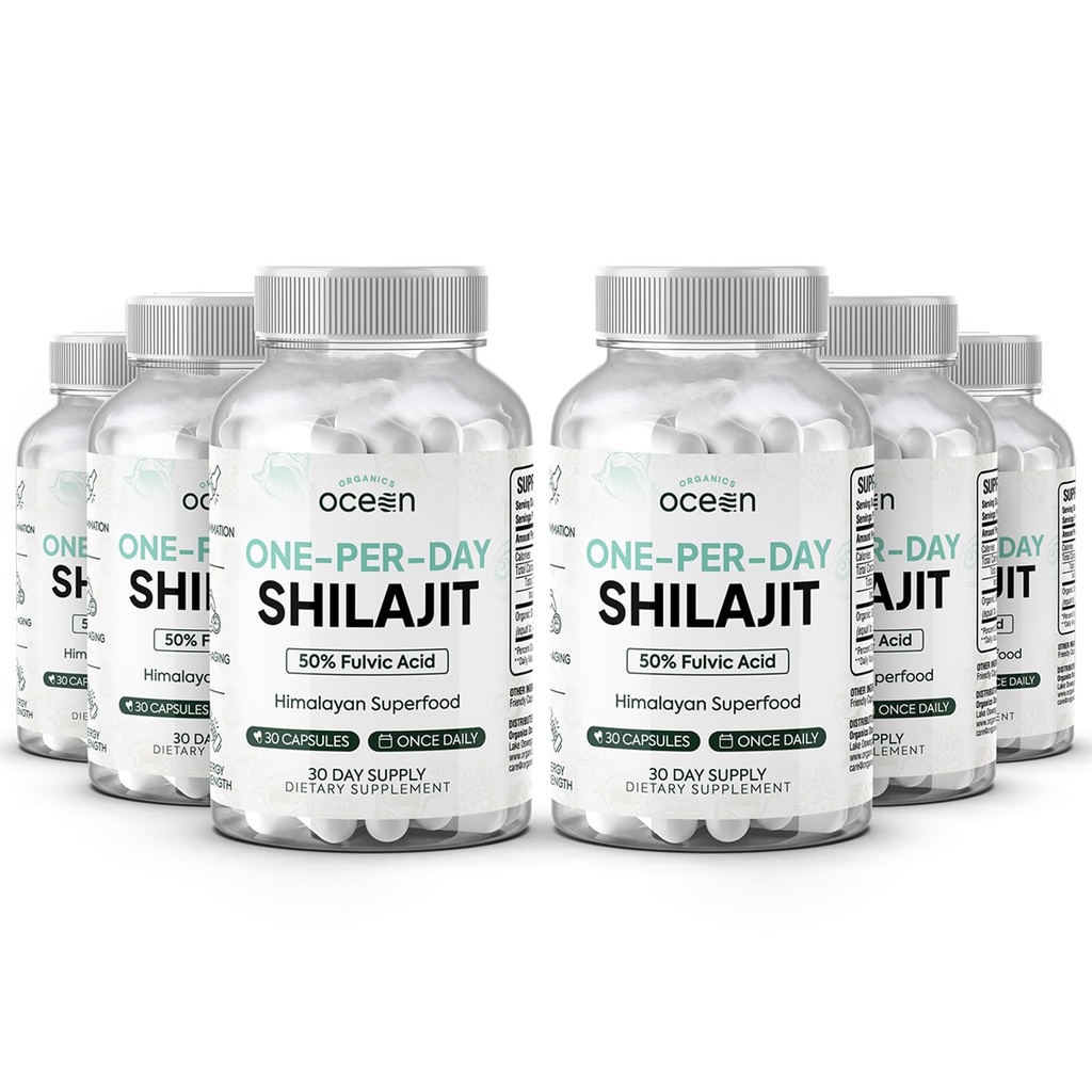 Organics Ocean One-Per-Day Shilajit för män och kvinnor - Naturligt och Potent Shilajit Supplement för åldersförbättrande, benstyrka, Hormonstöd och mer - 6 flaskor Shilajit Capsules