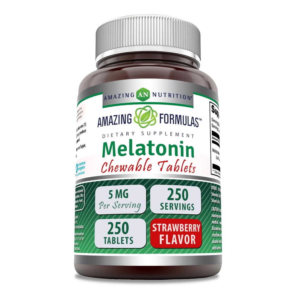 Fantastiska formler Melatonin Chewable Supplement | 5 Mg Per Servering | 250 tabletter | Icke-GMO | Glutenfri | Tillverkad i USA (Strawberry)