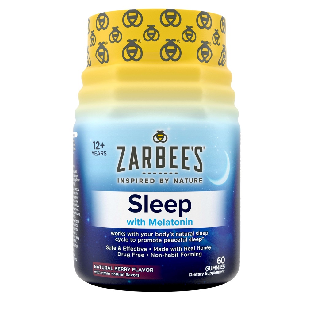 Zarbees Melatonin Gummies 3mg Sleep Supplement för att främja fredlig sömn, naturlig blandad frukt smak, vuxna Gummy Age 12 Up, 60 greve