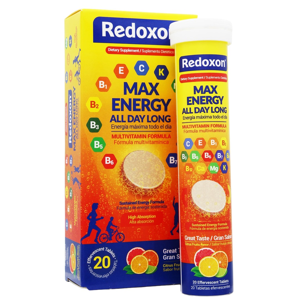 Redoxon Max Energy hjälper till att stödja Inmune System, Citrus Flavor, 20 Effervescent Tablets, 2.82 Oz, Box