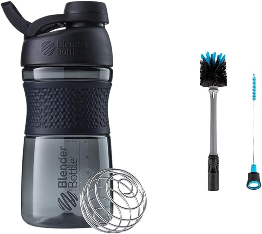 BlenderBottle SportMixer Shaker Bottle Perfekt för Protein Shakes och Pre Workout, 20-Ounce, Black & 2-in-1 Shaker Bottle och Straw Cleaning Brush, 1 Pack, Gray