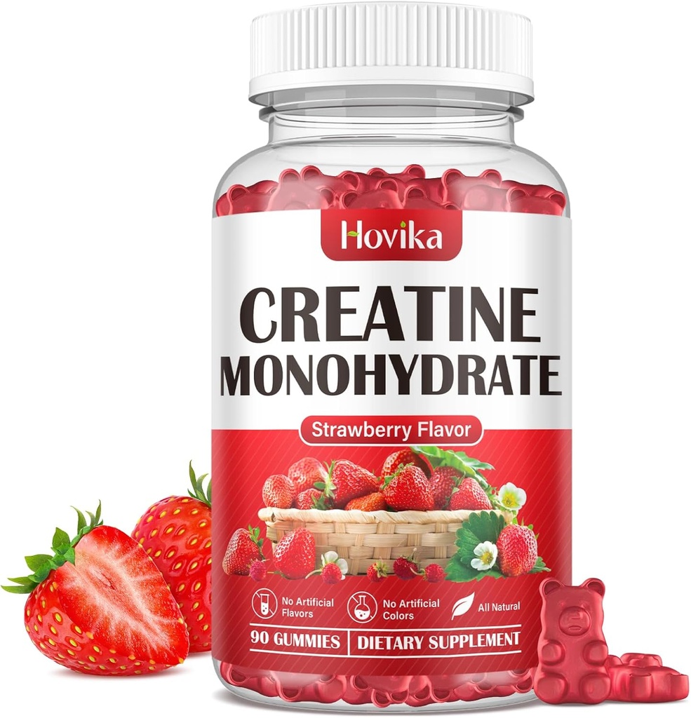 Kreatinmonohydrat Gummies för män och kvinnor, tuggbar 3g kreatinmonohydrat med vitamin B12 för muskeltillväxt och återhämtning-Vegan, naturlig jordgubbsmak, 90 Gummies