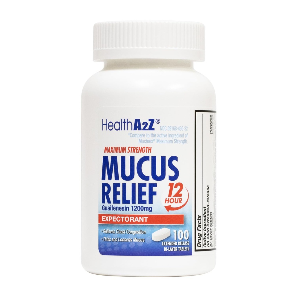 HealthA2Z® Mucus Relief | Guaifenesin 1200 mg | 100 tabletter | Maximal styrka | 12 timmar | Expectorant | Relieves Chest Congestion | Thins and Loosens Mucus (100 tabletter)