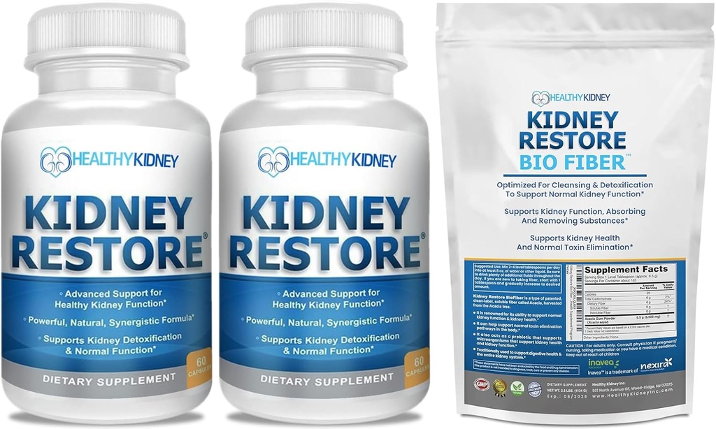 Kidney Cleanse and Kidney Health Supplement to Support Normal Kidney Function 60 caps-2 Pack + Bio Fiber, Kidney Cleanse Detox & Repair - Restorative Kidney Support & Kidney Supplement 2.5 LBS