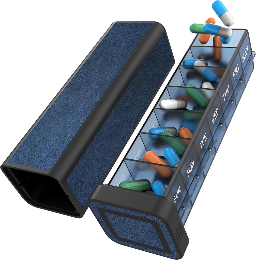 Pill Organizer 1 gång om dagen, Pill Box 7 Day, Weekly Travel Pill Case, Daily Large Medication Holder Container, Once Daily Pillbox Dispenser for Vitamin, Medicine, Pills, Supplement (Blå)