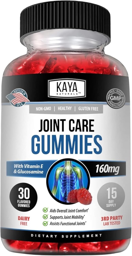 Kaya Naturals Mobility Care Gummies for Back, Knees & Hands | Flexibilitet Support - Glukosamin Gummies Bästa immunstöd för kvinnor och män - 30 greve