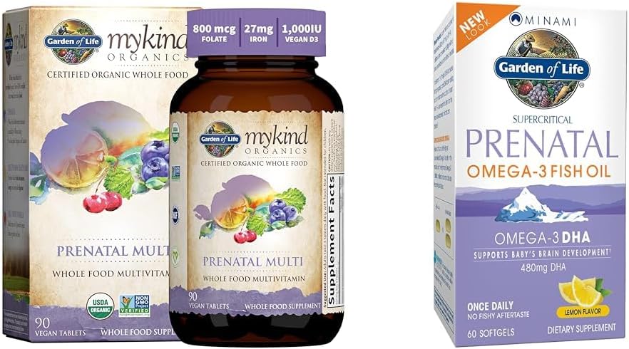 Garden of Life Women's Prenatal Multivitamin med vitamin D3, B6, B12, C & Iron & Prenatal DHA Omega 3 Fiskolja - Minami Natural Prenatal, 60 Softgels