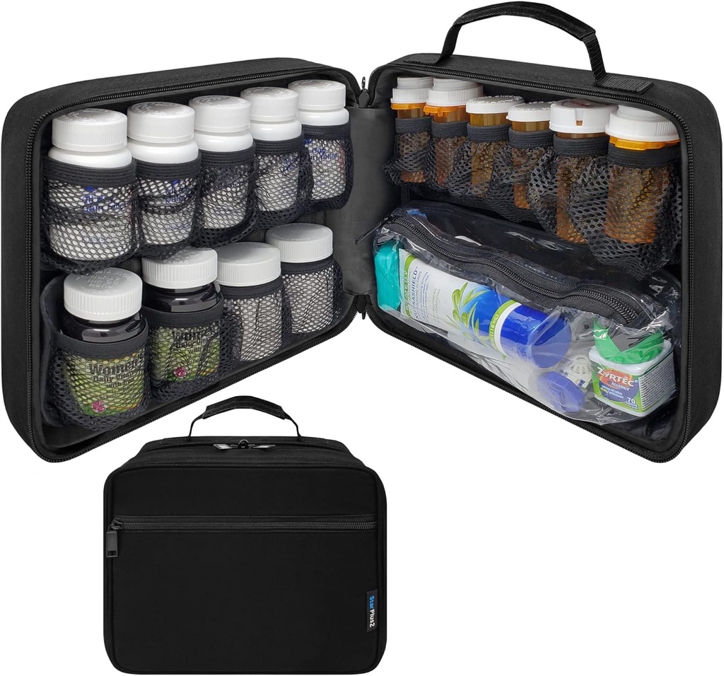 Stor Padded Modular Pill Bottle Organizer, Medicine Bag, Case, Carrier för mediciner, vitaminer och medicinska förnödenheter - för hemlagring och resor - Svart (utan lås)