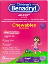 Benadryl Children's Allergy Medicine Chewables with Diphenhydramine HCl, Chewable Kids' Antihistamine Tablets for Relief of Allergy Symptoms Like Sneezing & Itchy Eyes, Grape Flavor, 20 ct