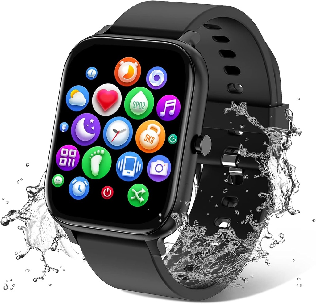 Smart Watch för män kvinnor som är kompatibla med iPhone Samsung Android Phone 1.83 tum Full Touch Screen IP68 Waterproof Bluetooh Fitness Tracker Heart Rate/Sleep Monitor, Black