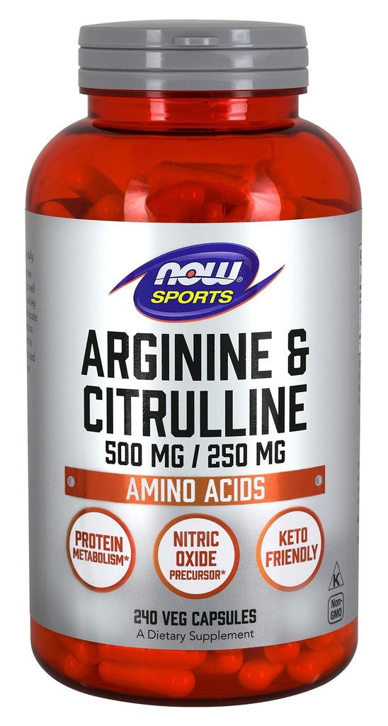 NOW Sports Nutrition, Arginine & Citrulline 500 mg/250 mg, Aminosyror, 240 Veg kapslar