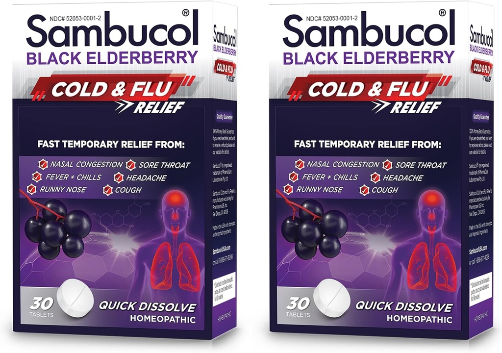 Sambucol Cold and Flu Relief Tablets - Homeopathic Cold Medicine, Nasal & Sinus Congestion Relief, Använd för Runny Nose, Coughing, Cold Remedy för vuxna - Black Elderberry, 30 Count, 2-Pack
