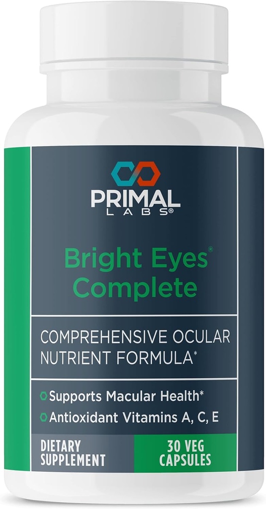 Primal Health Bright Eyes Complete - Ocular & Macular Health - Clear Vision - Lutein & Zeaxanthin Formel - Hälsosam syn - Relieves Eye Strain från blått ljus - Kosttillskott - 30 kapslar
