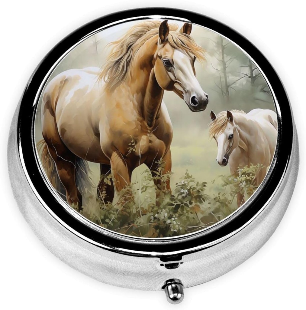 Pill Case med Mirror Retro 3 Compartment Pill Box Animals Embroidery Paintings Horses Small Pill Organizer för handväska eller Pocket Decorative Metal Medicine Vitamin Organizer Unique Gifts