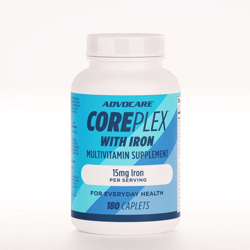 AdvoCare CorePlex med järn - Multivitamin med vitamin A, B-6, B-12, C & E - Inkluderar även Thiamine, Folic Acid & Magnesium - 180 Caplets