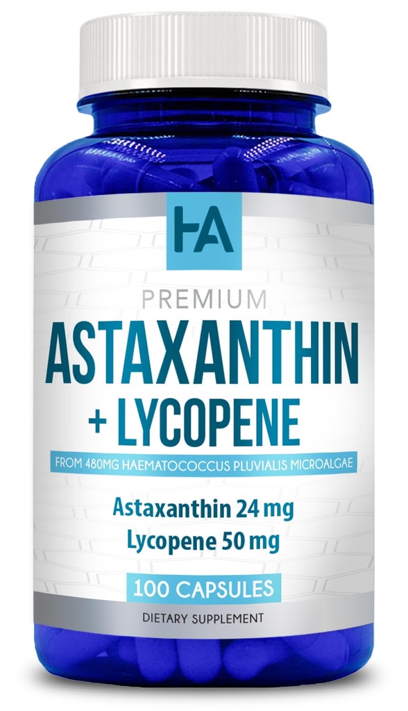 Astaxanthin och Lycopene Supplement | Lycopene 50mg Plus Astaxanthin 24mg Carotenoids Supplement för Tanning Skin Care Vision & Heart Health Support | Vegan & Non-GMO (100 Veggie Capsules)