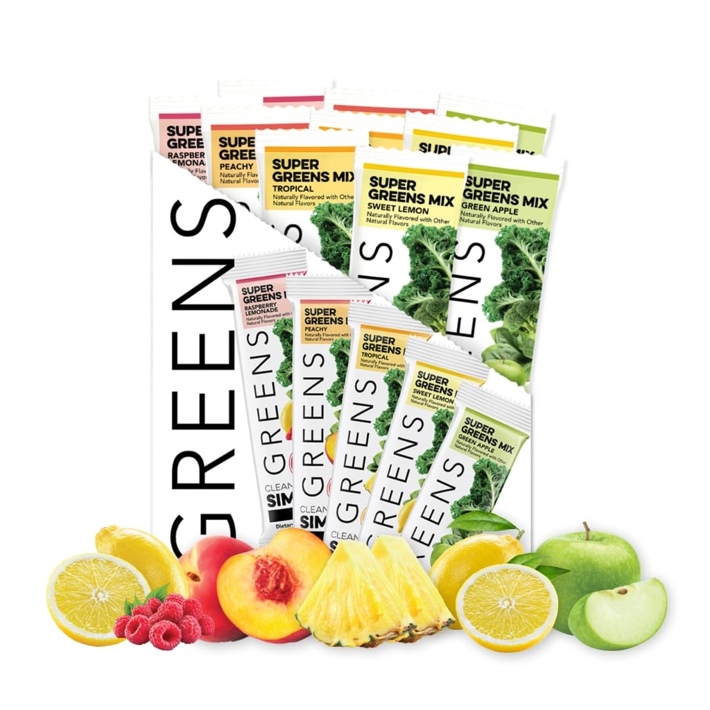 Clean Simple Eats Greens Variety 10 Pack, Greens Powder Mix, packad med Superfoods Chlorella & Spirulina, innehåller 5 läckra smaker: Peachy, Green Apple, Raspberry Lemonade, Sweet Lemon & Tropical