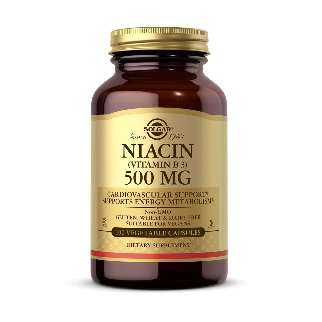 Solgar Niacin (Vitamin B3) 500 mg, 100 vegetabiliska kapslar - Energi Metabolism - Non-GMO, Vegan, Gluten Free, Dairy Free, Kosher - 100 portioner