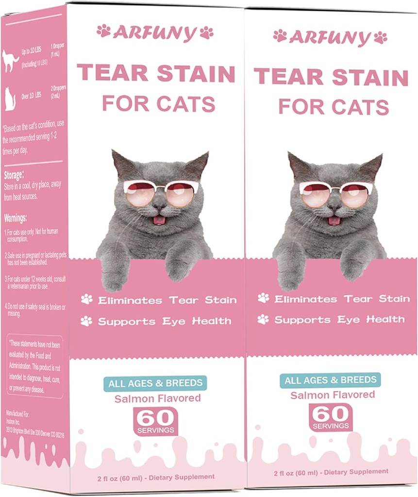 2 Packs Tear Stain Supplement för katt - Förhindra och eliminera katter Tear Stains - 60ML Cat Tear Stain Remover Drops for Eye Health, Immune System - med Cranberry, Marshmallow & Vitamins - Salmon