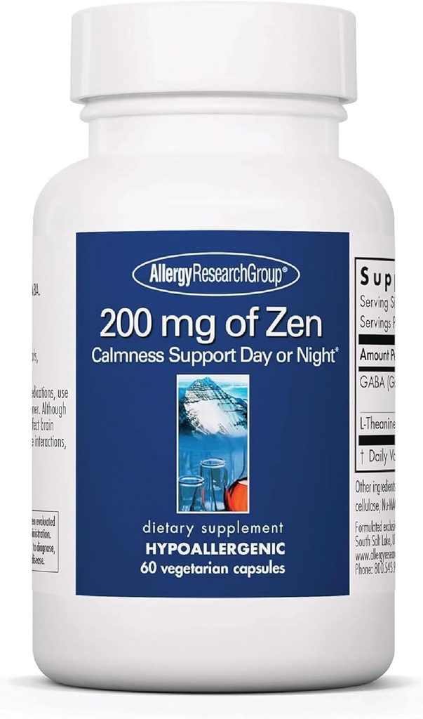 Allergy Research Group 200 mg of Zen - GABA L-Theanine Supplement, Natural Calm, Sleep & Relax Support for Women & Men, Take Day or Night for Relaxation & Calm Energy - 60 Vegetarian Capsules