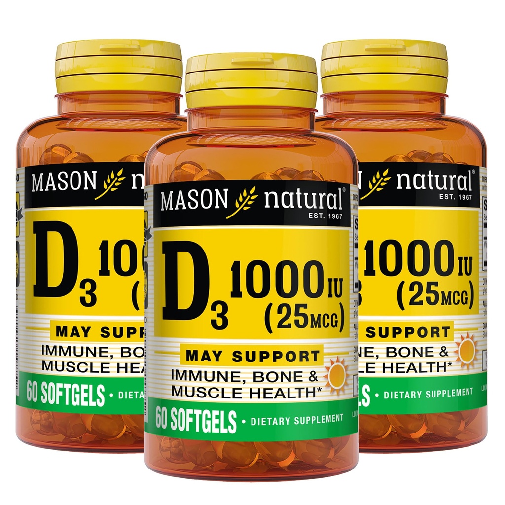 MASON NATURAL Vitamin D3 25 mcg (1000 IE), Bone & Immune Support, från Fish Liver Oil, 60 Softgels (Pack of 3)