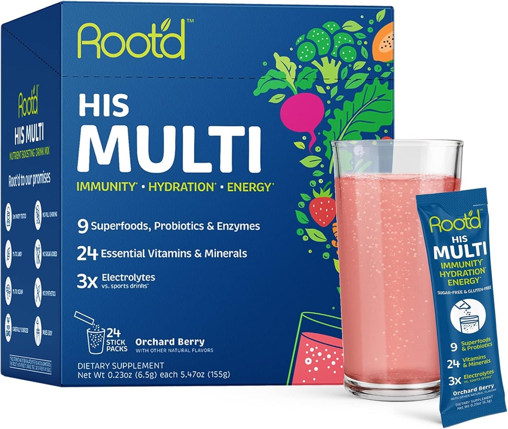Root'd Multivitamin Powder med 3X Electrolytes för Män - 24 Vitaminer & Mineraler, 3X Electrolytes, 9 Organiska Superfoods, Probiotika & Enzymer, Sugar-Free Multivitamin & Hydration | 24 Packets