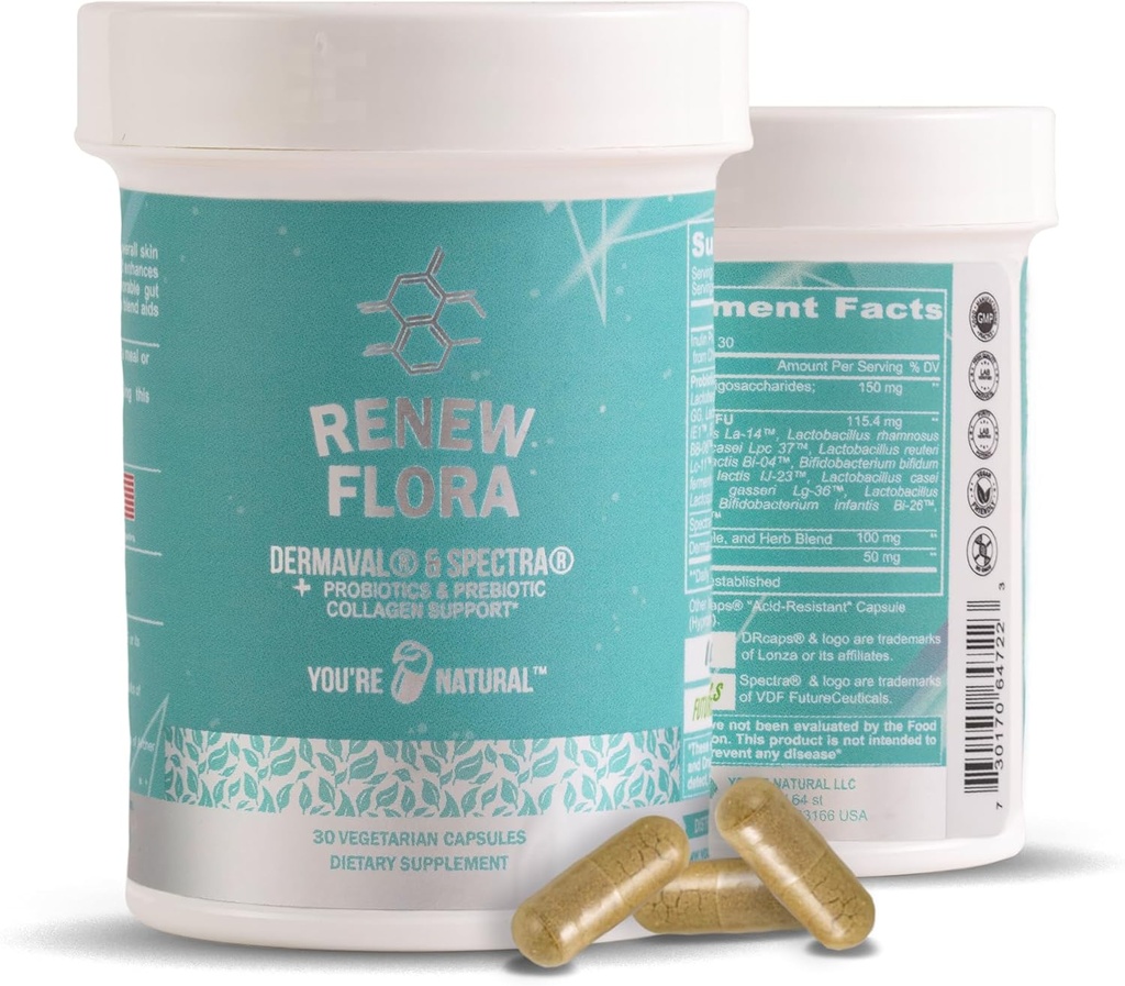 Renew Flora - Avancerad Collagen & Skin Support - Antioxidant Plus Digestive enzymer och Gut Support för kvinnor och män med kliniska studier - Lactobacillus och 12 Registered probiotika - 30 Day Supply