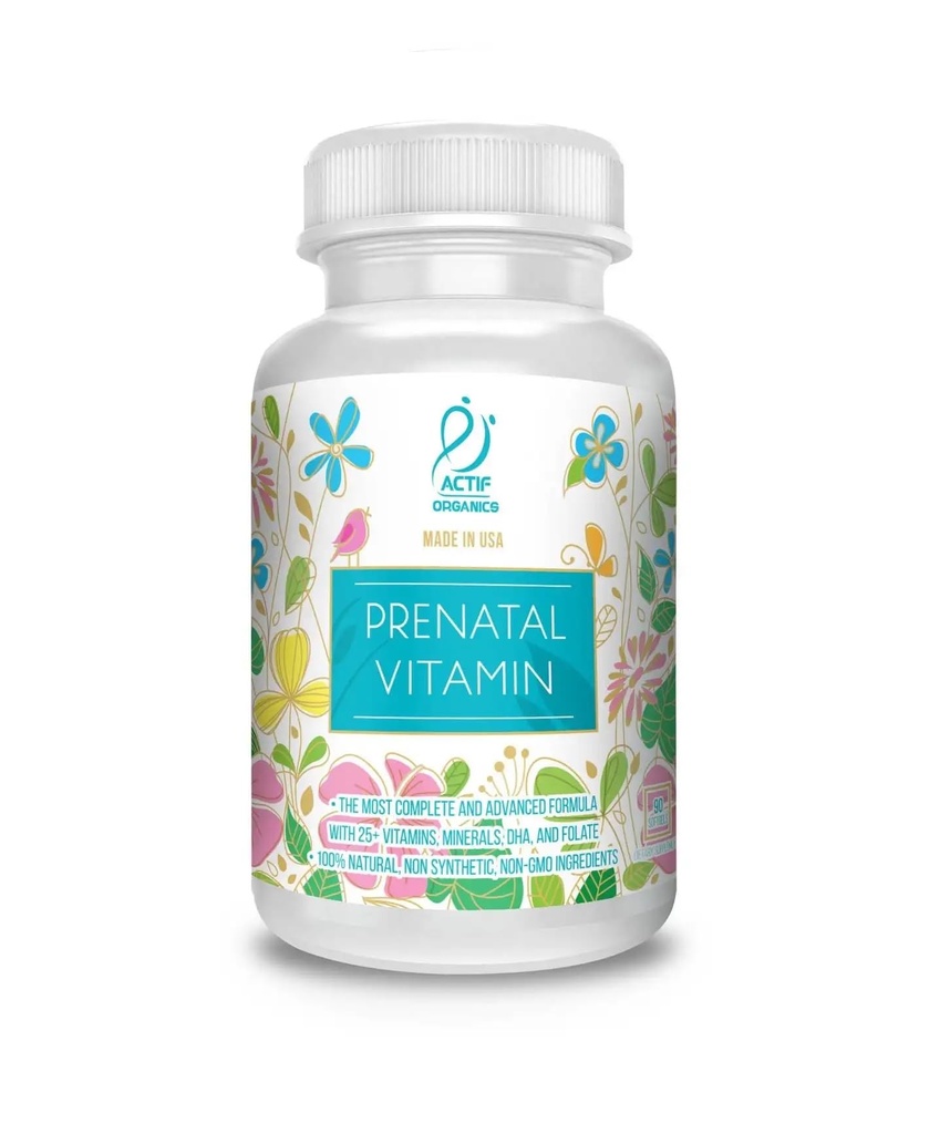 ACTIF Organic Prenatal Vitamin med 30 + Organiska Vitaminer, 100% Naturlig, DHA, EPA, Omega 3 och Organic Herbal Blend - Non-GMO, 90 Count, 2024 Formel