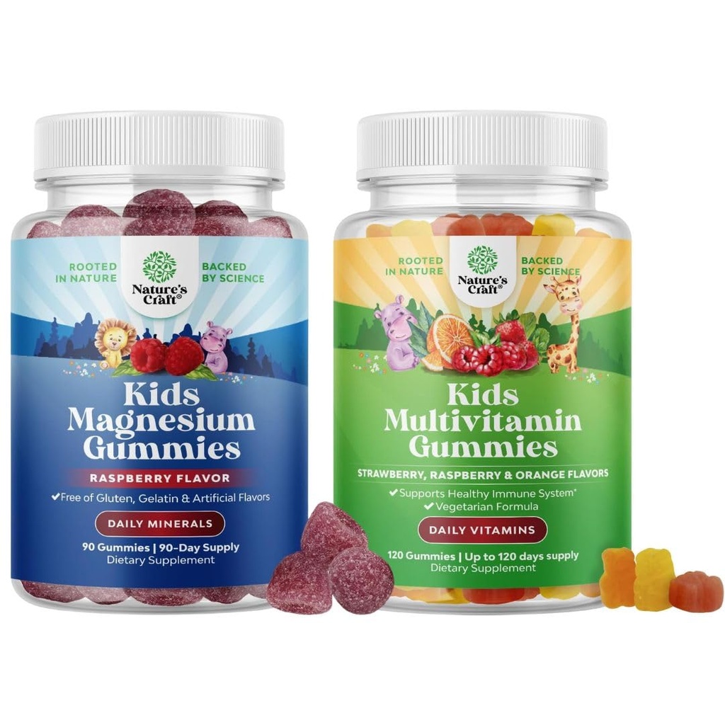 Bundle of Kids Magnesium Gummies - Tillägg för Nerve Health, Muscles & Healthy Heart Support och Plant Based Kids Multivitamin Gummies - Multivitamin för immunitetsstöd med vitamin A C D3 E B