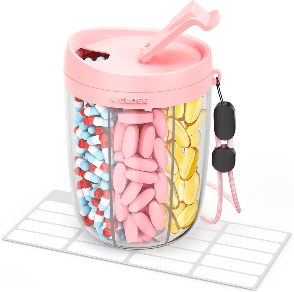 Stor Pill Dispenser med 6 Compartments, Anti-Mix Pill Bottle Organizer med bred öppning och enkel hämtning, Vitamin Organizer för resor, BPA-fri Pill Box med en rem, rosa