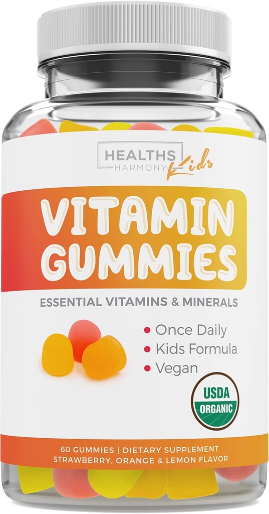 USDA Organic Kids Vitamin Gummies (Non-GMO) Yummy Natural Fruit Flavors - Komplett Kids Multivitamin Gummies: Vitamin C, D, B, A, Zink - Tillägg för energi, humör, immunstöd - 60 Gummy Vitaminer