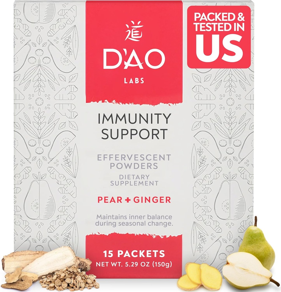 D'AO Labs Immunity Support - Immunity Boost - Effervescent Immunity Support Powder - Yu Ping Feng San Traditional Chinese Herbal - Effervescent Powder med Pear-Ginger Flavor - 15 individuella portioner