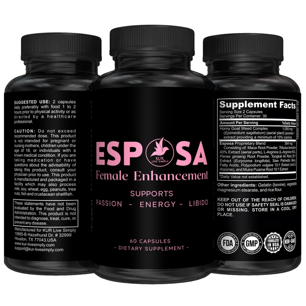 Esposa kvinnlig Libido Booster för kvinnor - Reignite Passion, Öka energi och känslighet, Boost Mood & Desire - Made in USA Natural Female Enhancement Pills med Horny Goat Weed - 60 kapslar
