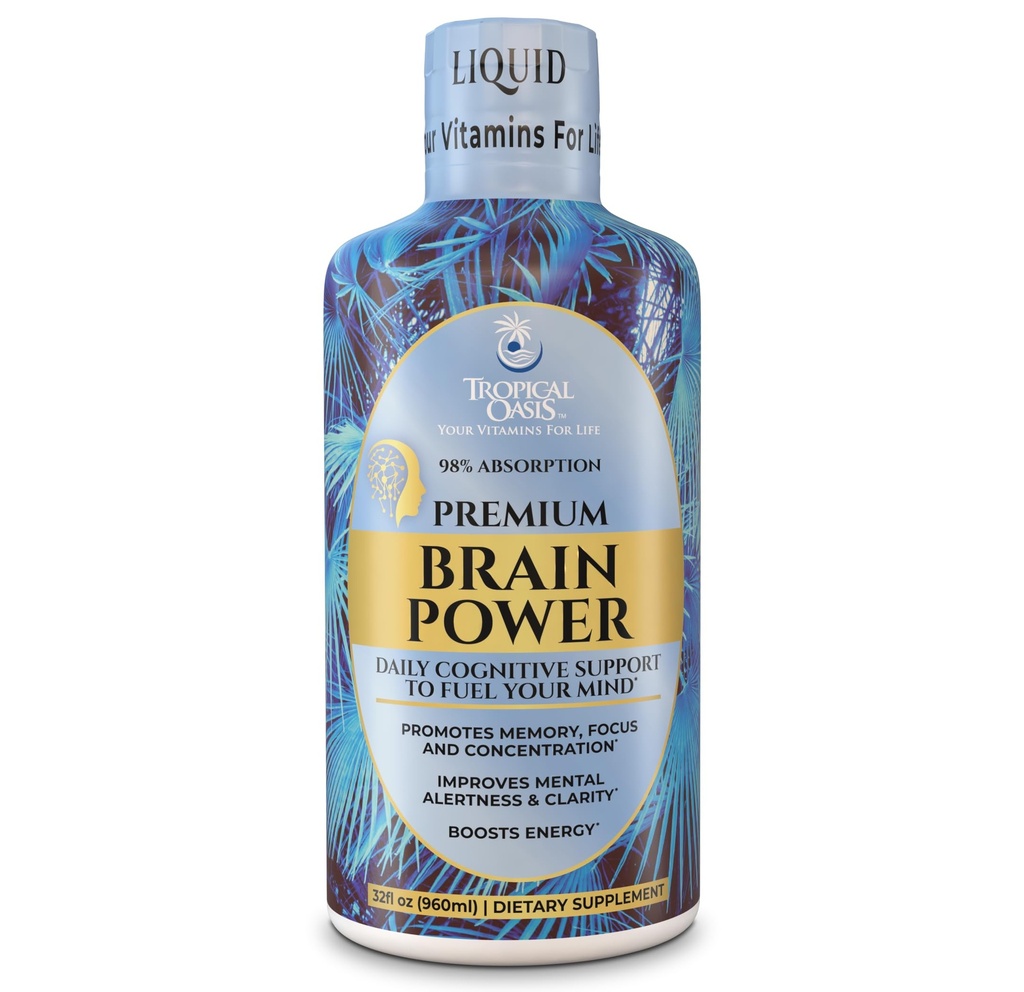 Tropisk Oasis - Brain Power | Liquid Nootropic Supplement - främjar mental klarhet, fokus och minnesretention (Unflavored, 32 portioner)