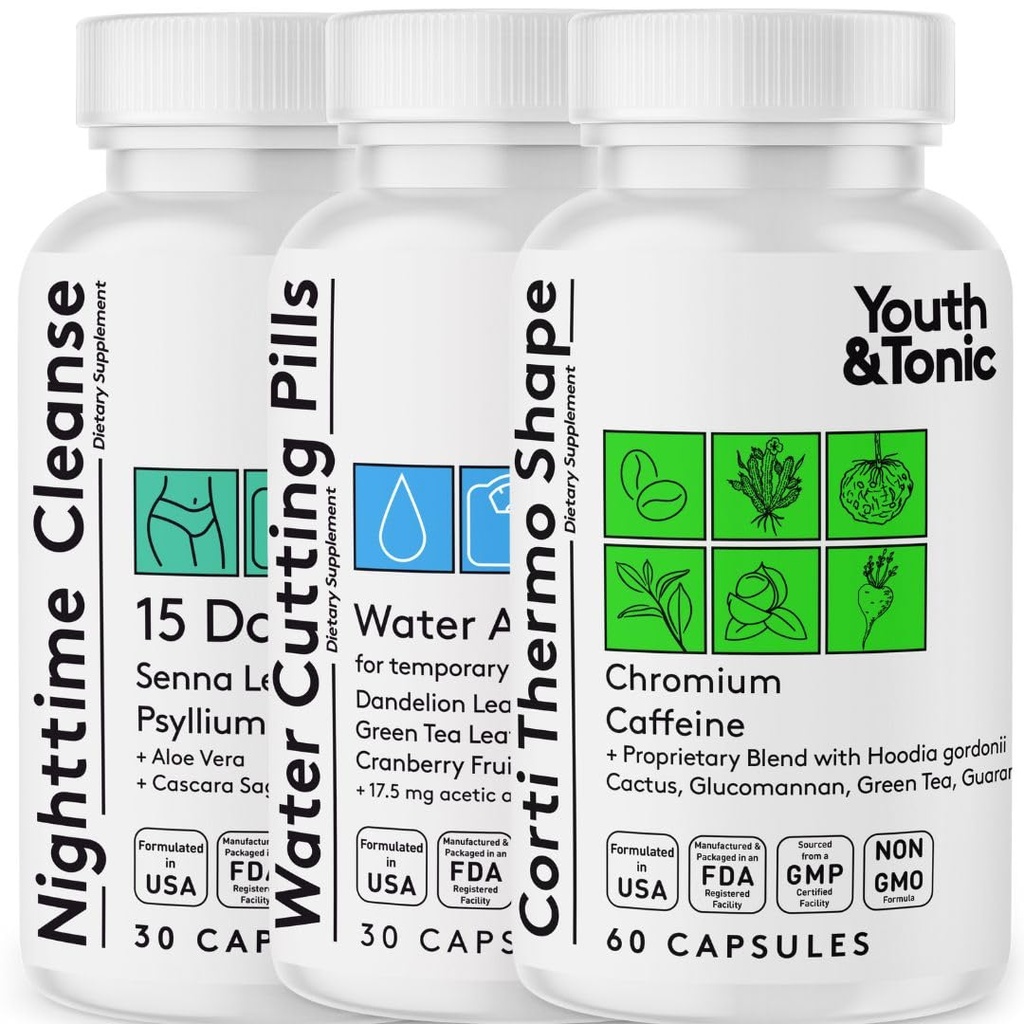 Ungdom & Tonic Sculpt Shred Cleanse Detox 3X Weight Loss Pills: Appetite Suppressant, Fat Burner, Energy Booster & Nighttime Cleanse för kost - 120 piller