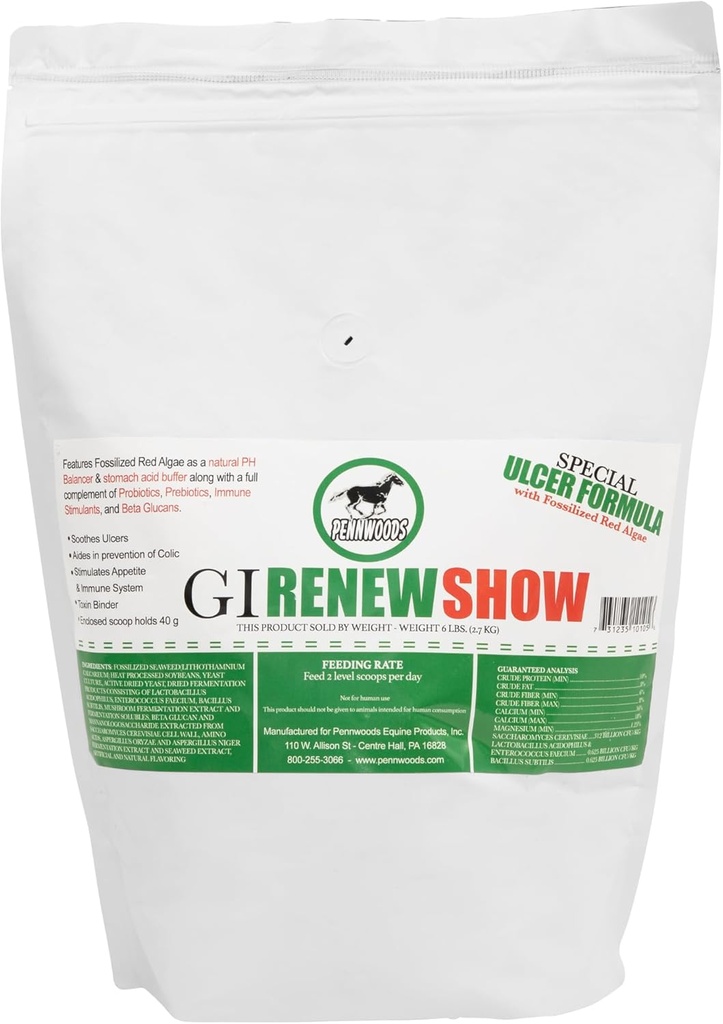 Pennwoods GI Renew Show, Probiotika för Equine, Immune och Appetite Stimulation, Prebiotika, Digestive Enzymes | Hästtillskott som ger Ulcer Relief och behandling, Organic Toxin Binder, 6 LB Bag