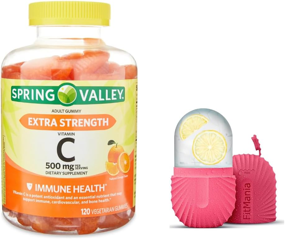Spring Valley Extra Strength Vitamin C Dietary Supplement Vegetarian Gummies, Orange, 500 mg, 120 Ct och Gift Ice Roller för ansiktet
