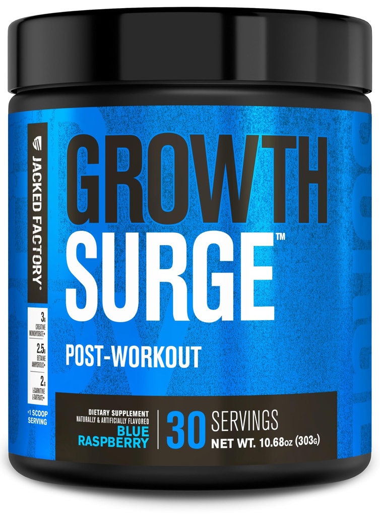 Jacked Factory Growth Surge Creatine Post Workout w/L-Carnitine - Daily Muscle Builder & Recovery Supplement med kreatinmonohydrat, Betaine, L-Carnitine L-Tartrate - 30 portioner, Blue Raspberry